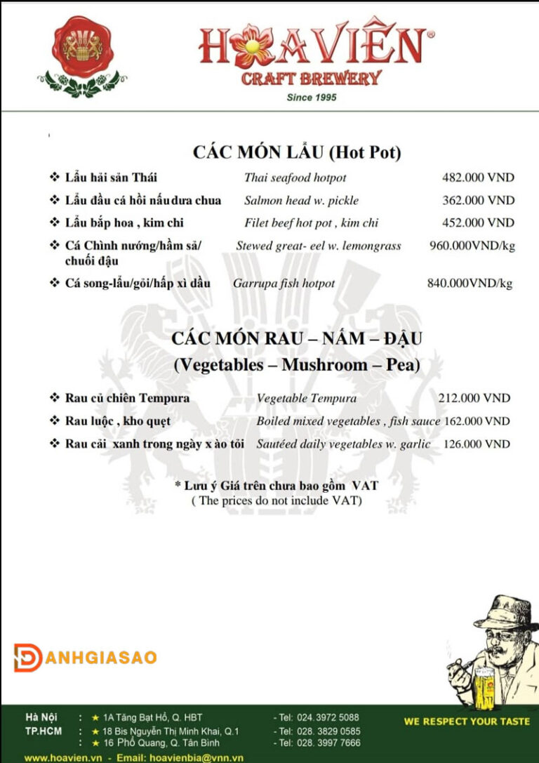 Menu nhà hàng Hoa Viên - Ẩm thực Châu Âu và bia Tiệp trứ danh