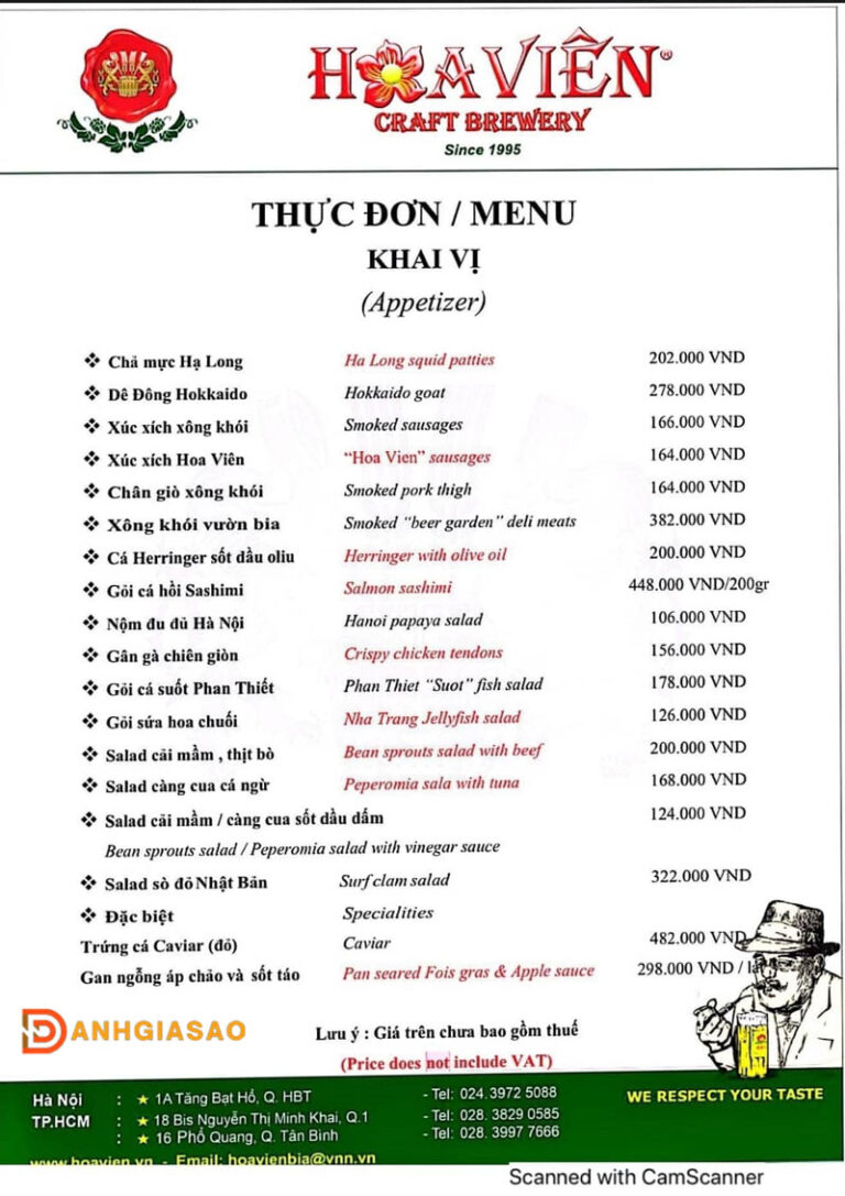 Menu nhà hàng Hoa Viên - Ẩm thực Châu Âu và bia Tiệp trứ danh